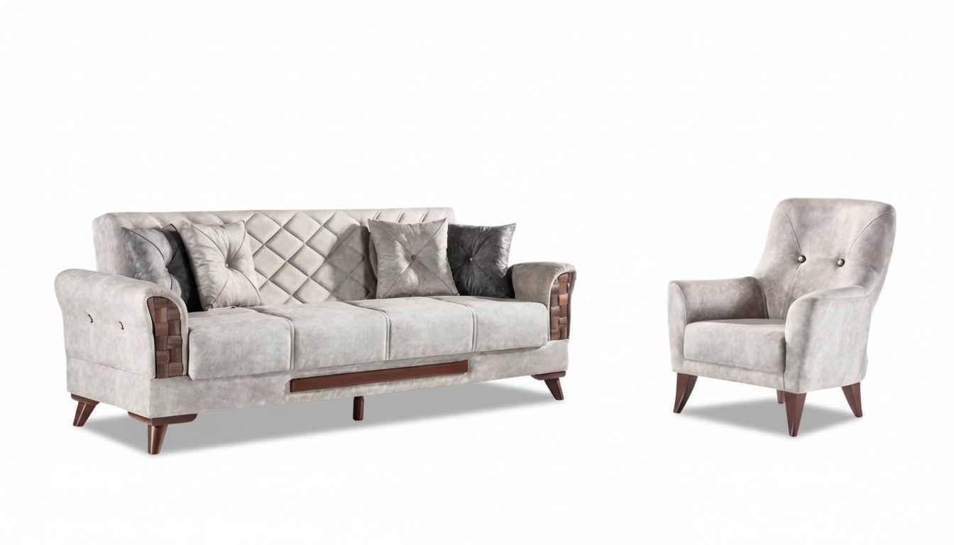 Sofa set upholstered couches furniture set 2 pieces 3-seater sofa armchair gray textile