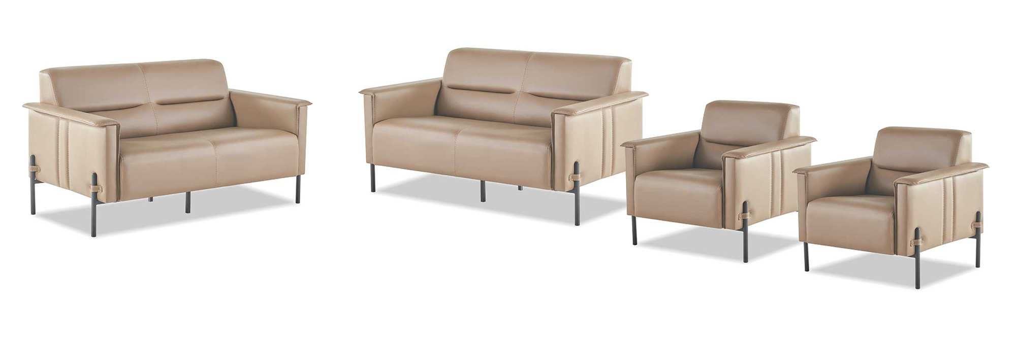 Beige sofa set 2-seater 2x armchairs modern leather stainless steel