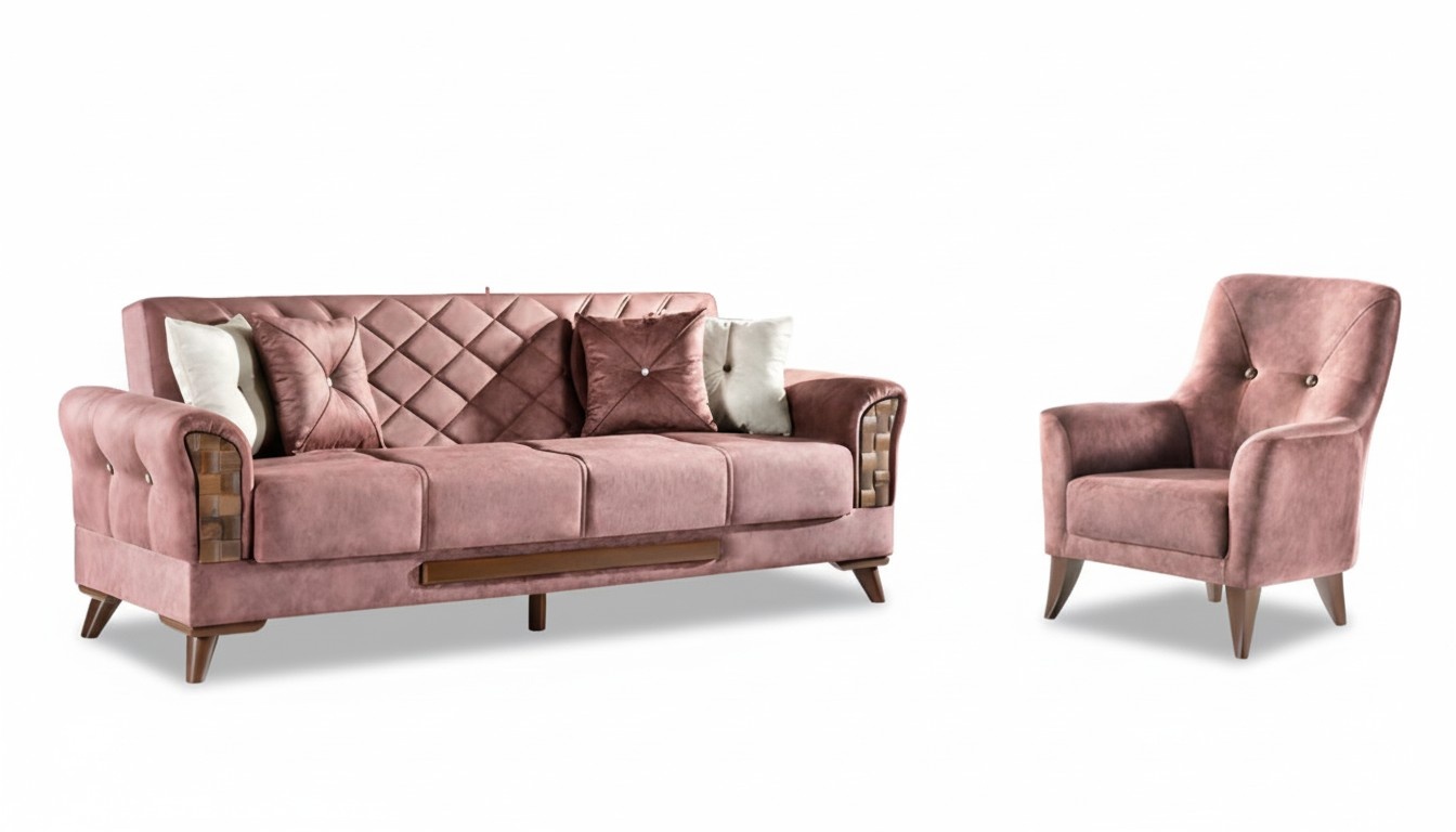 Sofa set 3+1 seating set sofas armchairs wood textile upholstery