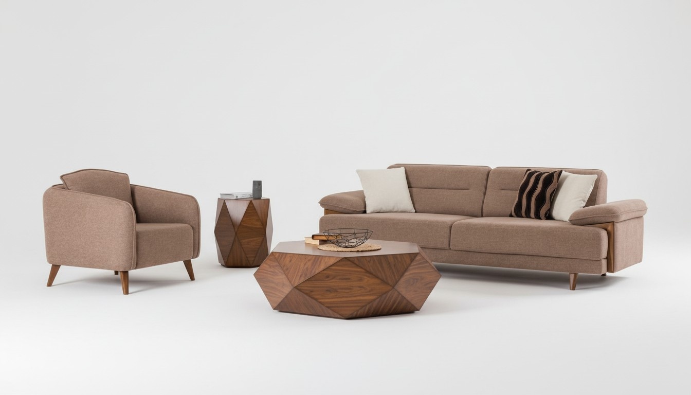 Sofa Set 3+1 Seater Brown Fabric Cover Wooden Legs Scandinavian Style Modern Living