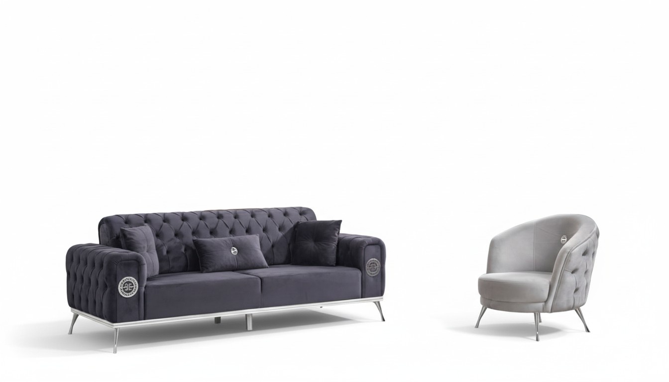 Sofa set 3+1 seat couch design upholstered modern gray textile fabric bench new