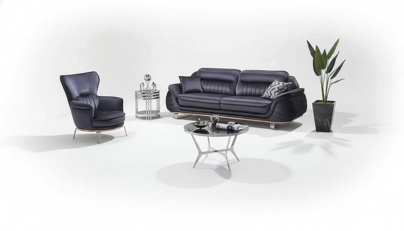 Sofa set 3+1 seats living room black luxurious armchairs with three-seater sofa