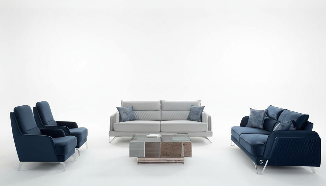 Sofa Set 3+3+1+1 Seater Blue White Fabric Cover Chrome Legs Modern Luxury Design