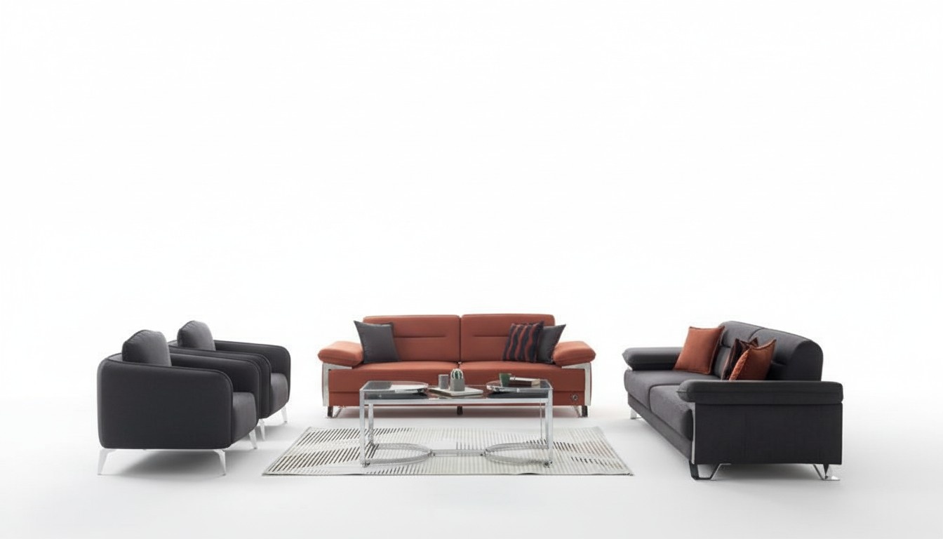 Sofa Set 3+3+1+1 Seater Modern Black Terracotta Fabric Chrome Legs Design