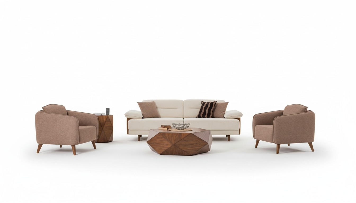 Sofa Set 3+3+1 Seater Beige Brown Fabric Cover Wooden Legs Scandinavian Modern Style