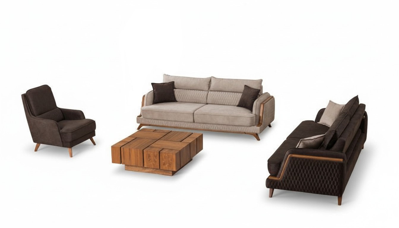 Sofa Set 3+3+1 Seater Beige Brown Fabric Wooden Legs Scandinavian Modern Living Room