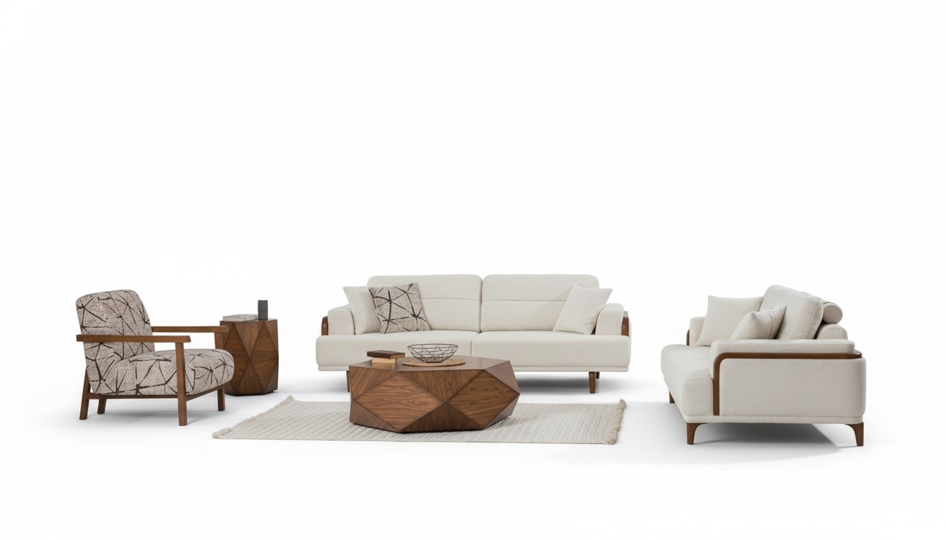 Sofa Set 3+3+1 Seater Modern Beige Wooden Details Living Room Design