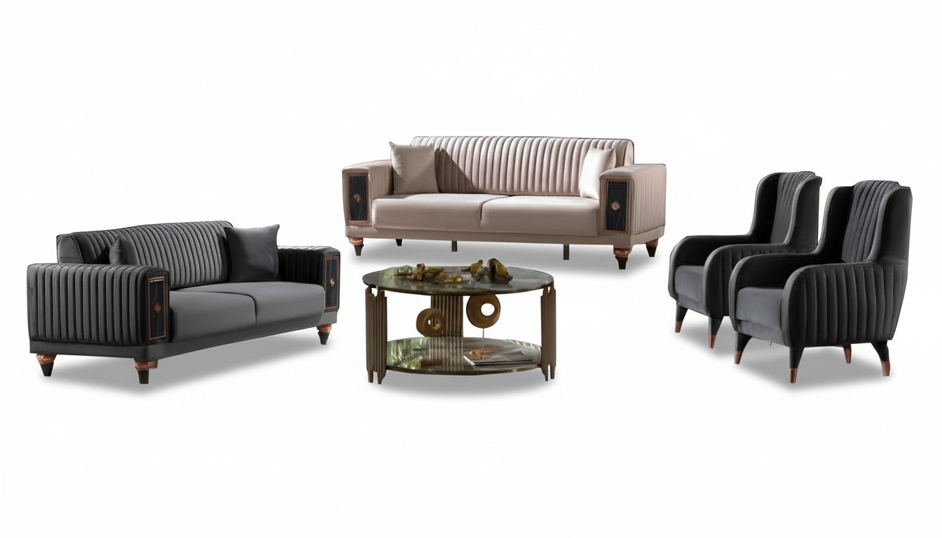 Beige-Black Designer Sofa Set 2x Three-Seat Upholstered Chairs Luxury Furniture