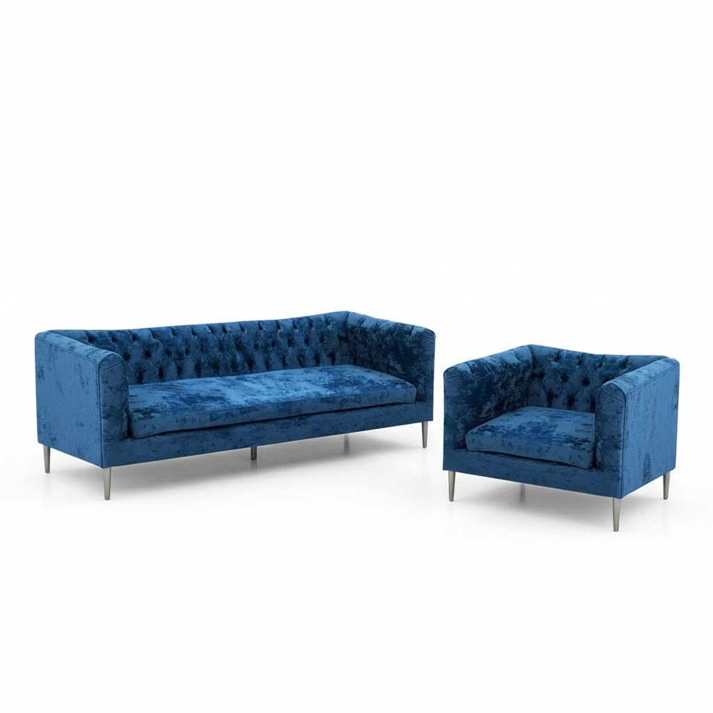 Blue Fabric Sofa Set Modern Design Three-Seater Couch Armchair Chesterfield