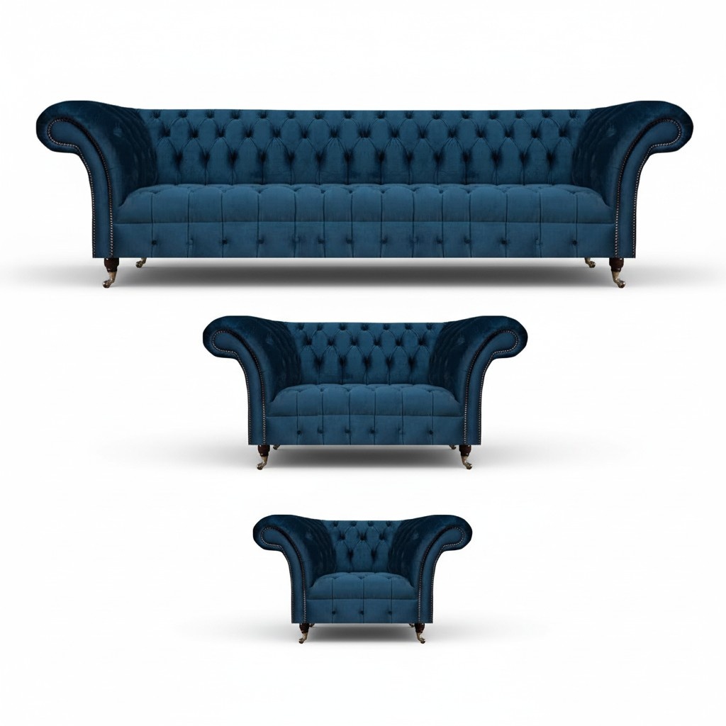 Sofa set blue luxury complete 3-piece seating furniture Chesterfield upholstered seat new