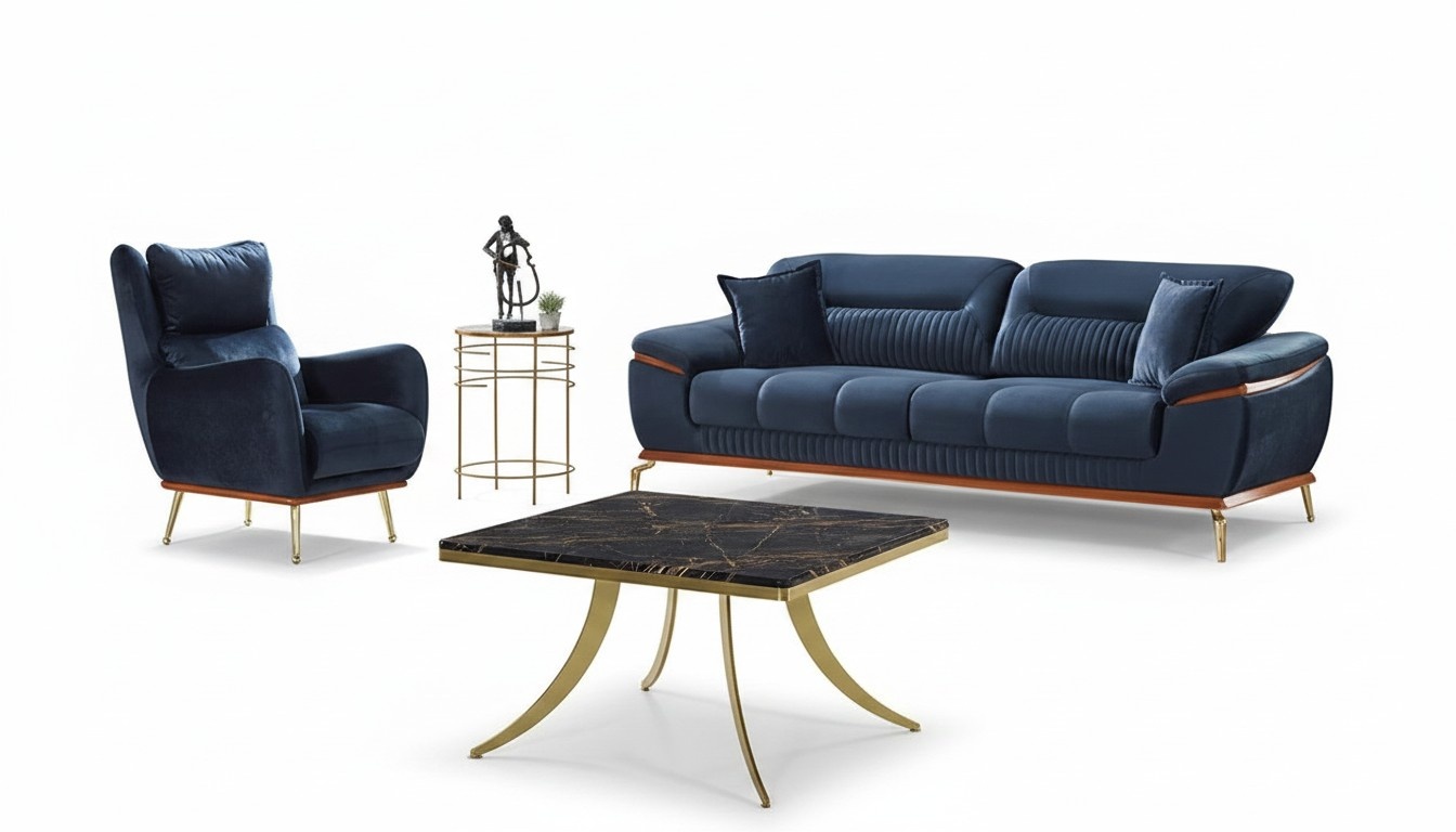 Sofa set complete 3+1 seats living room textile blue modern upholstered furniture