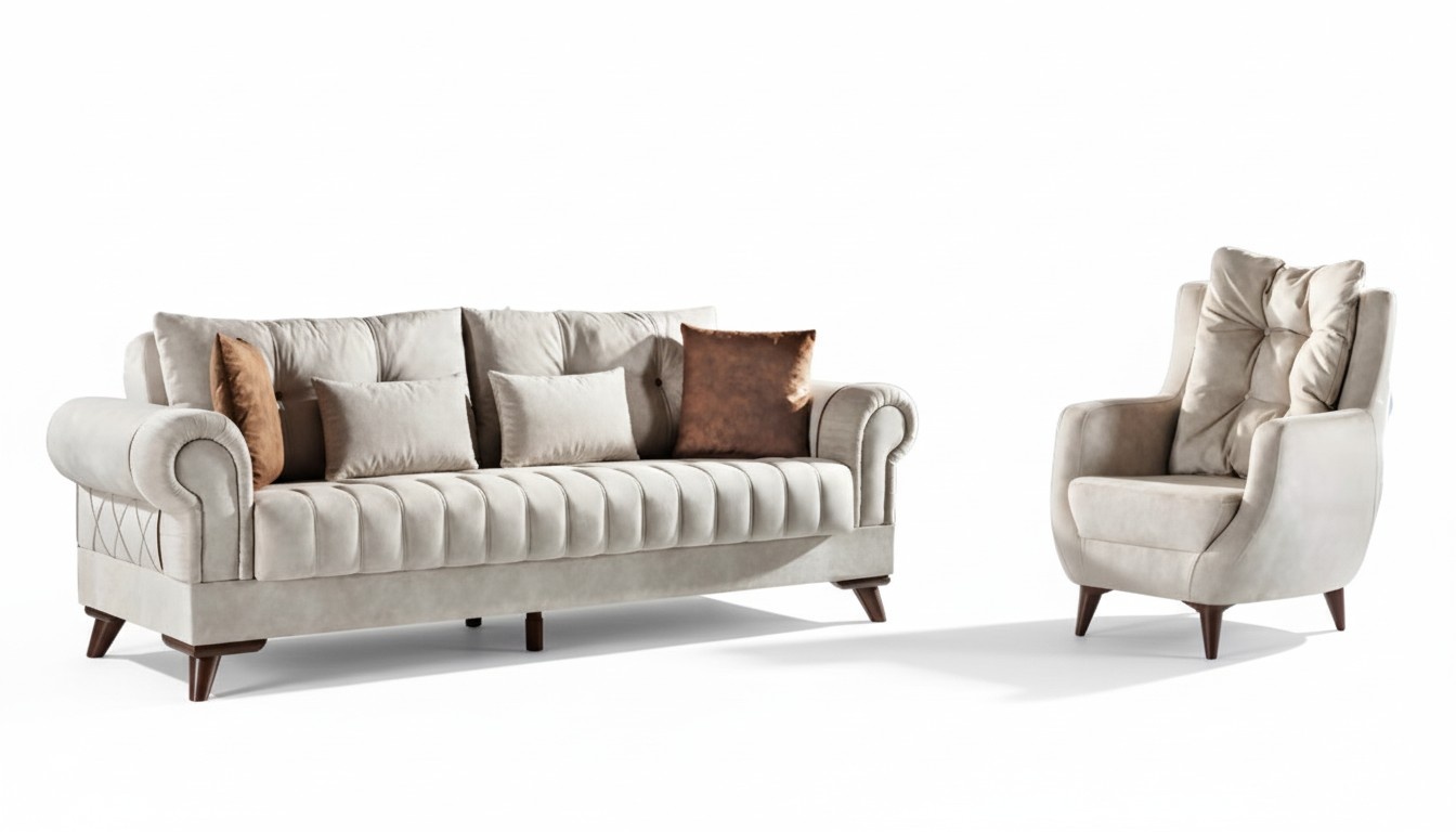 Living room sofa set 3-seater sofa armchair beige 2-piece 3+1