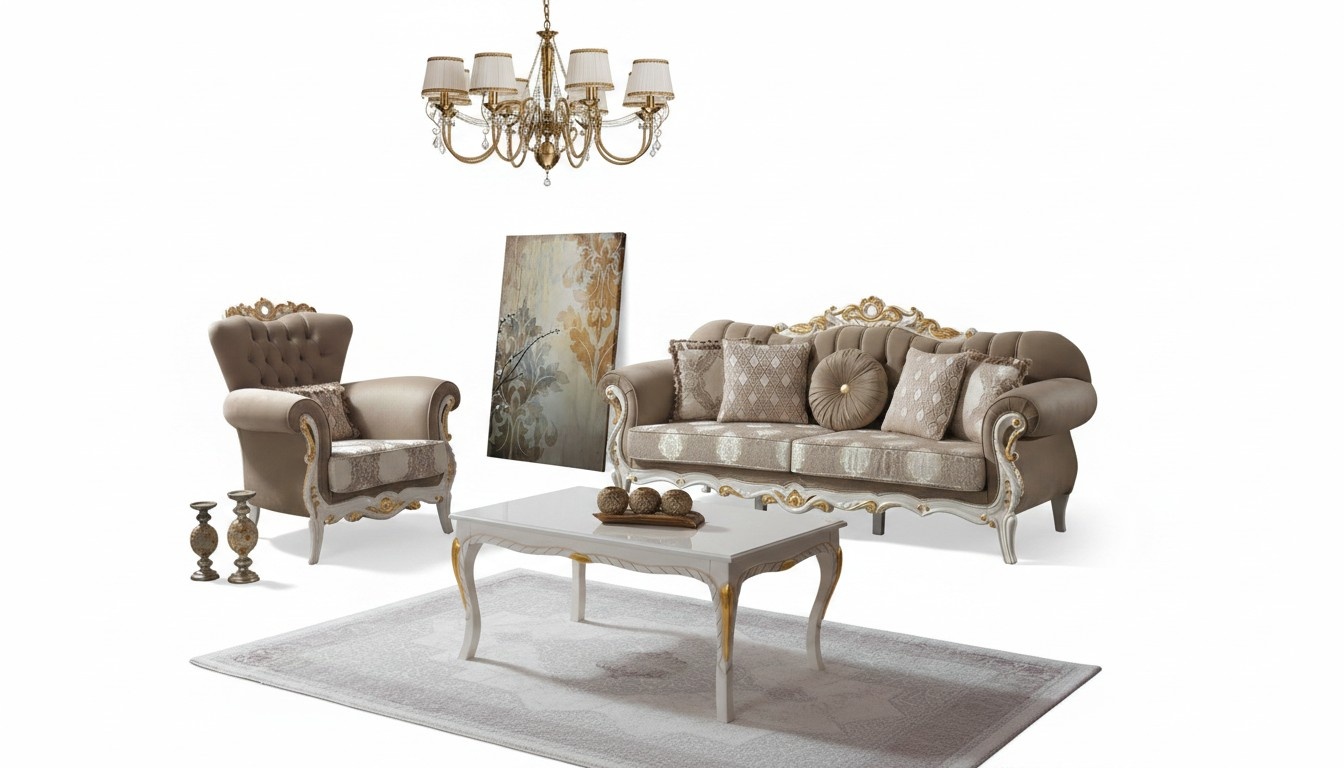Sofa set upholstered sofa couch brown fabric sofa Chesterfield set 3+1