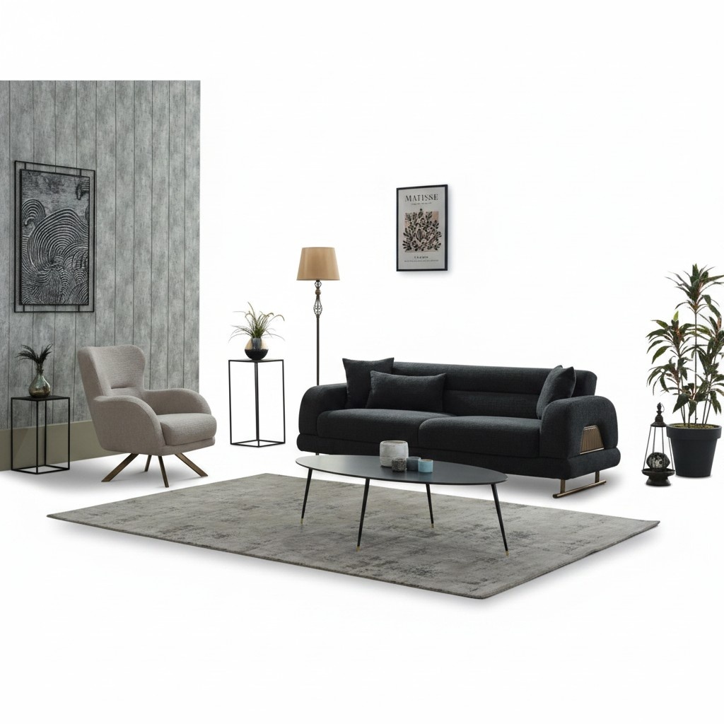 Sofa set upholstered sofa three-seater chair fabric black 2-piece sofa set