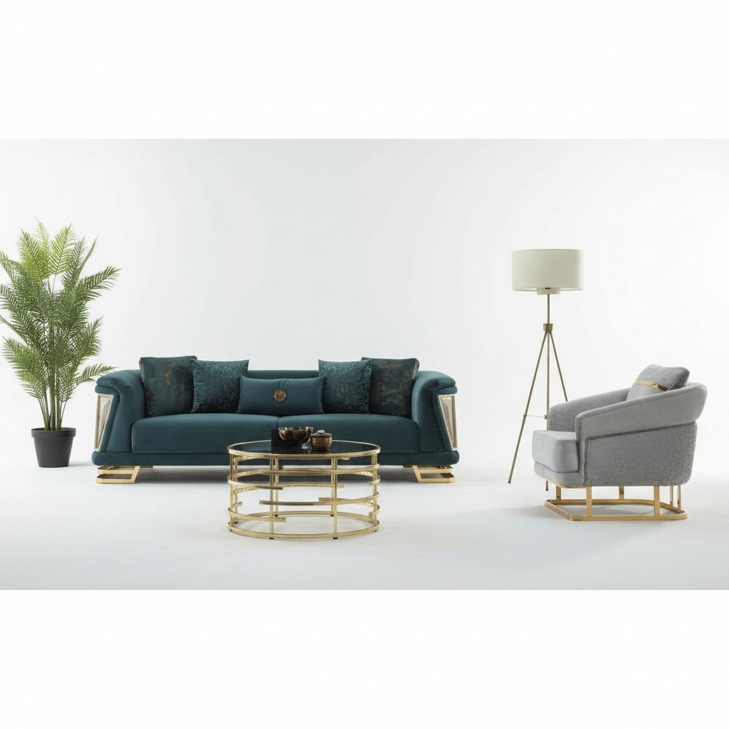 Sofa set upholstered sofa three-seater armchair blue couch fabric sofa 2-piece