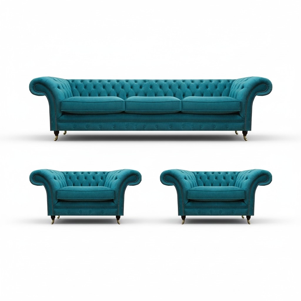Blue Sofas Complete Living Room Chesterfield Sofa Set 3-piece Luxurious