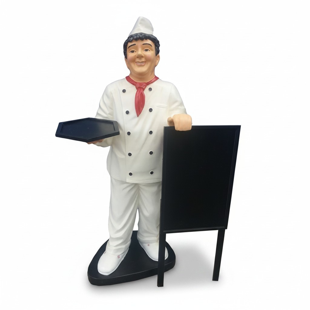 Commercial decorative sculpture designed as chef with menu desk & trey figure 155cm height