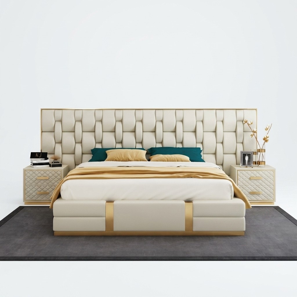 Stainless steel luxury bed metal leather beds hotel chesterfield 180x200
