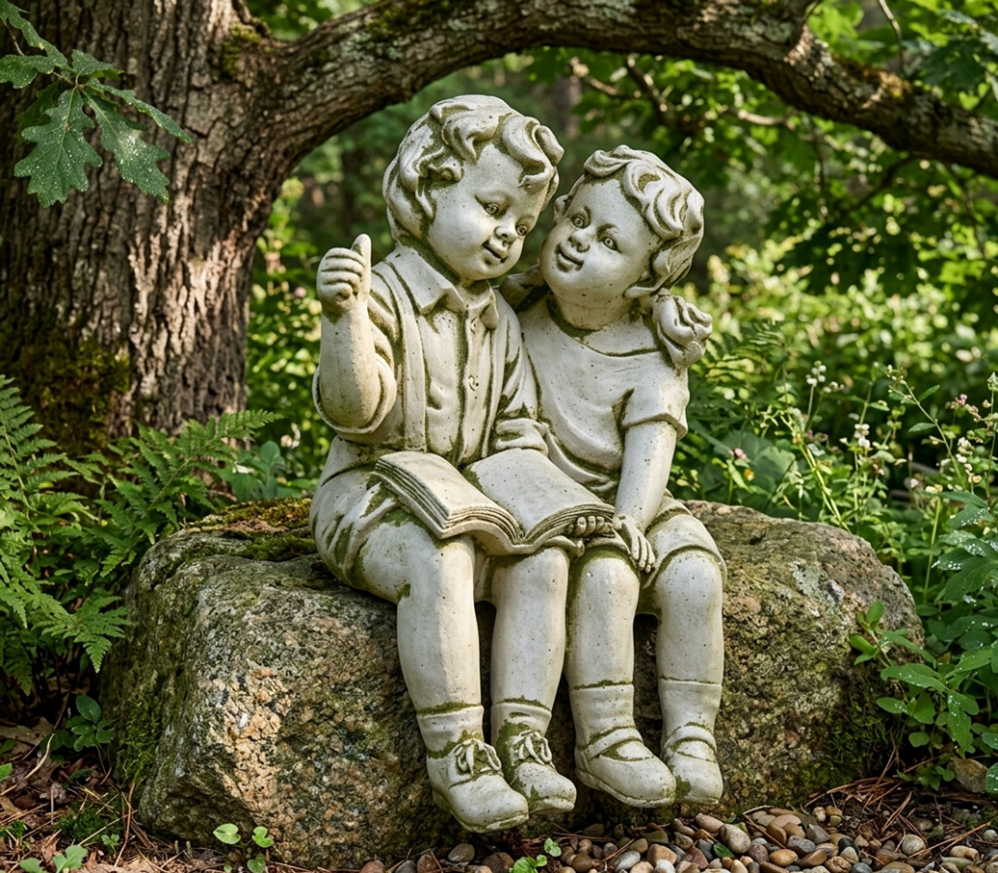 Statue figure children on bench statues figures sculpture sculptures garden decoration