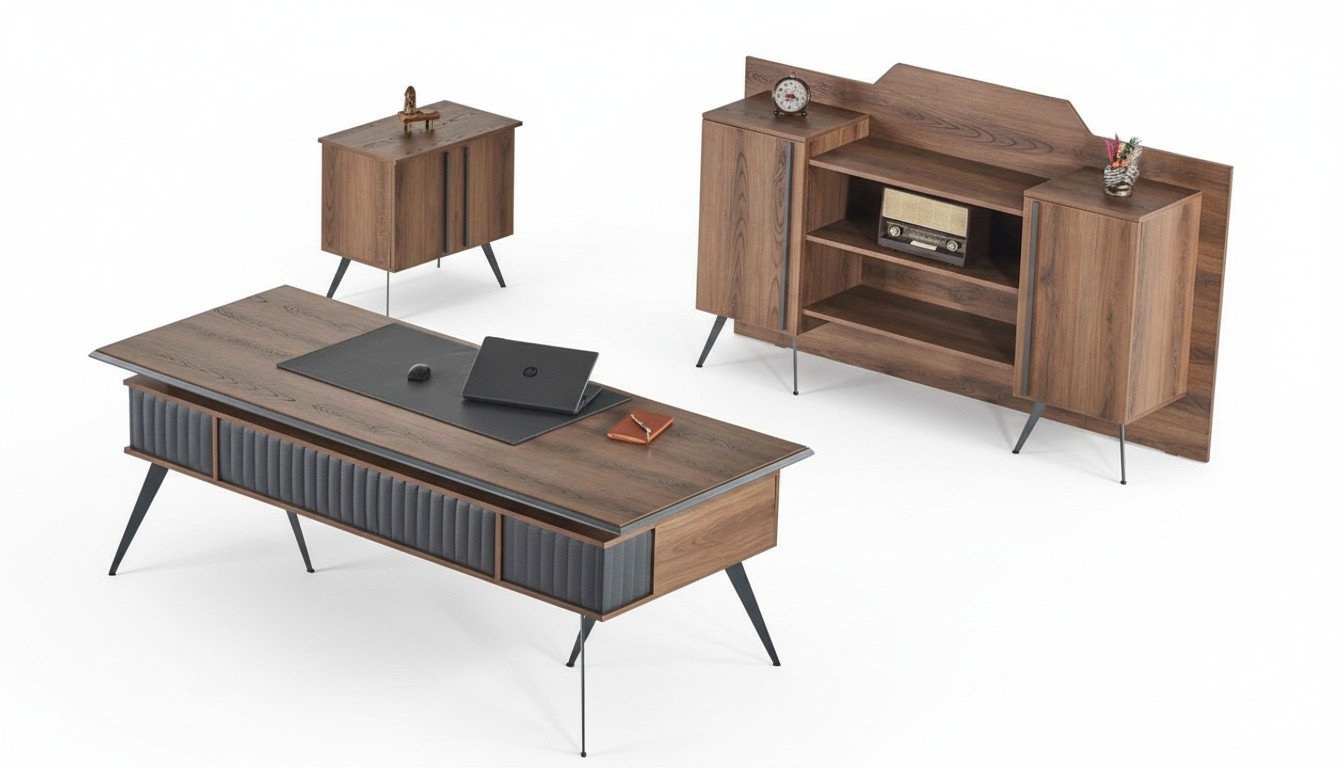 Home Office Set 3-piece Office Desk Sideboard Chest of Drawers Brown Gray Two-tone