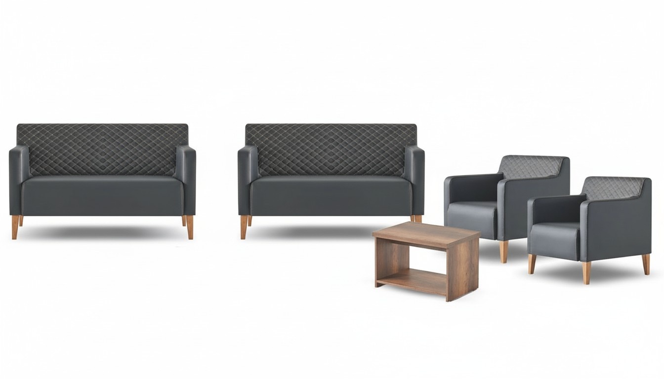 Office room set 5-piece black 2x 2-seater 2x armchairs brown coffee table