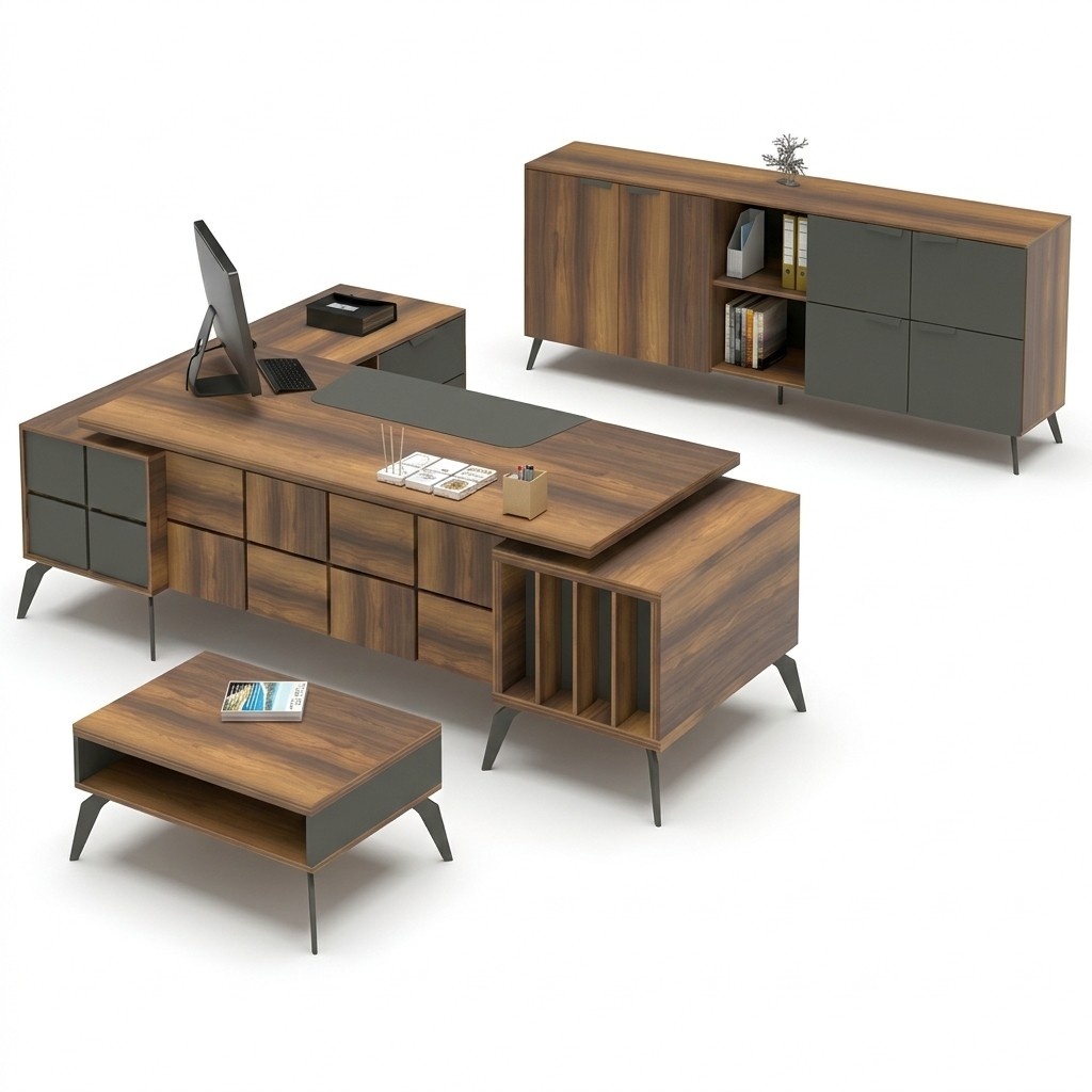 Home Office Set Work Desk L-Shape Coffee Table Sideboard Brown Gray