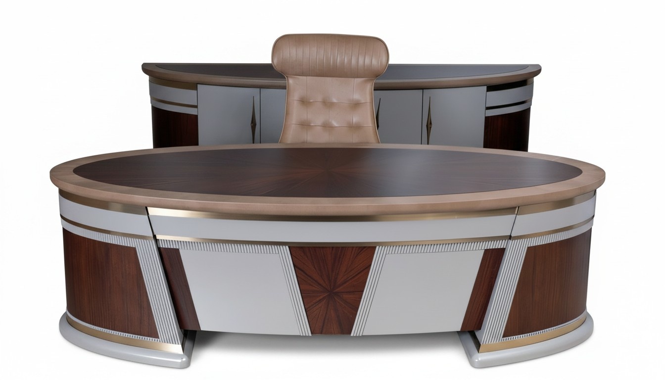 Wooden home office set in warm brown, modern and elegant.