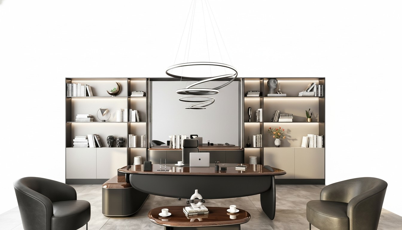Wooden home office set in brown, modern and stylish.