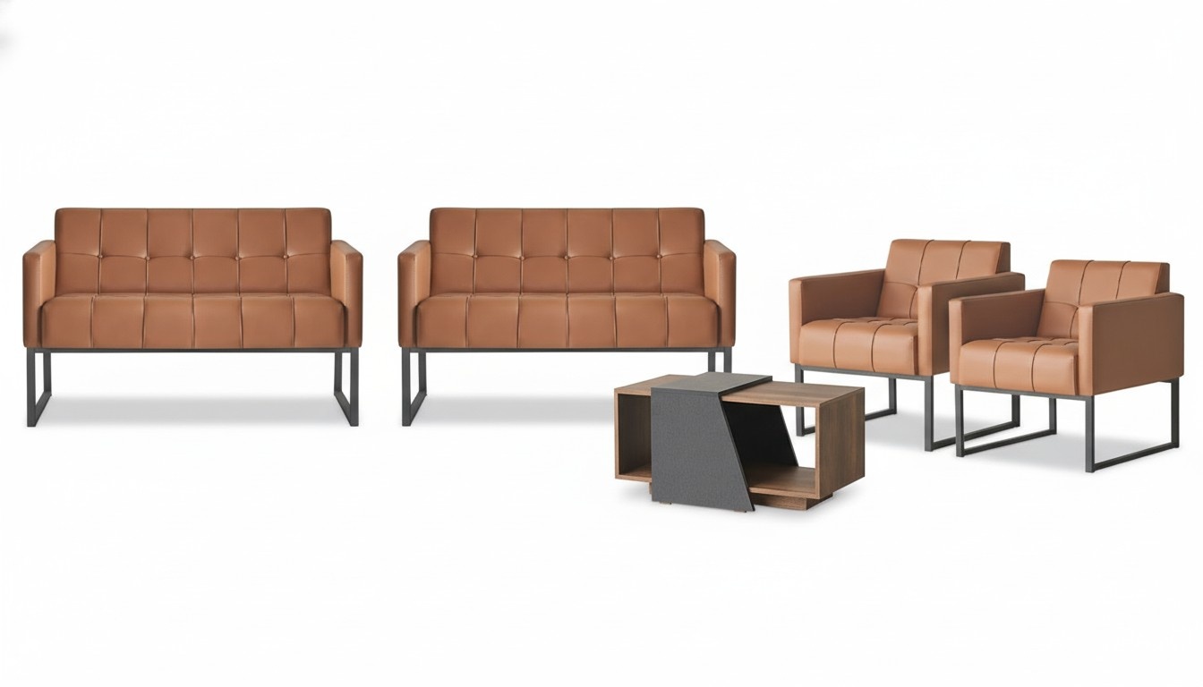 Home office set 5-piece brown 2x 2-seater 2x armchair coffee table gray style