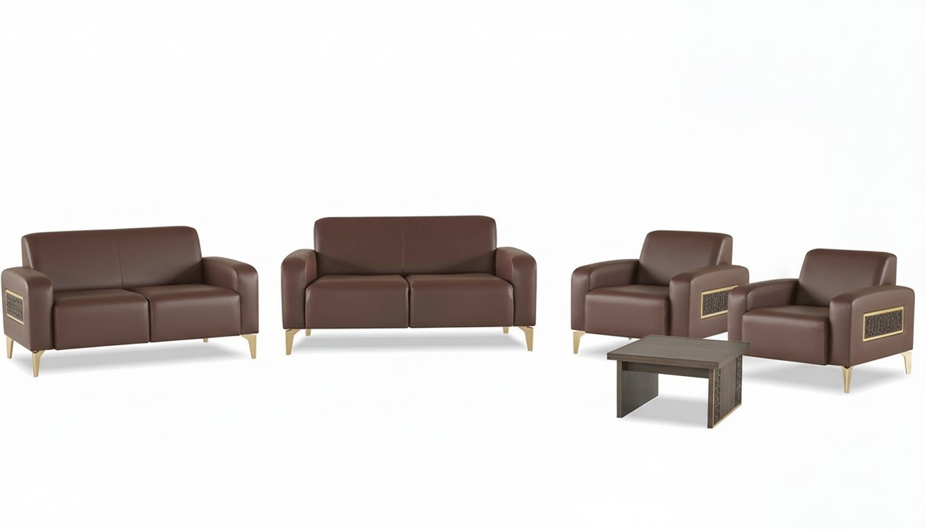 5-piece home office set: 2x 2-seater sofas, 2x armchairs, coffee table, living room, brown