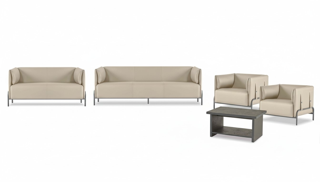 Home office set 5 pieces beige 3-seater 2-seater 2x armchairs gray coffee table