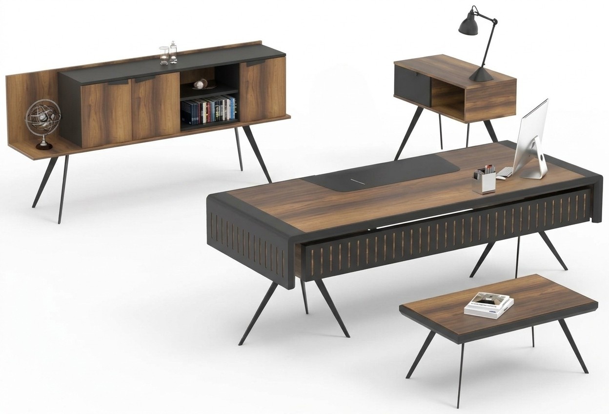 Home Office Set Brown Coffee Table Desk Sideboard Side Table Wood