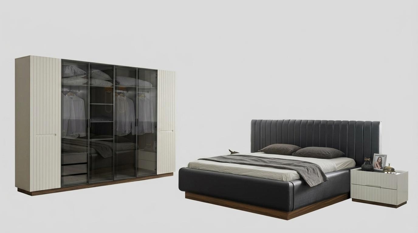 Stylish bedroom designer set textile double bed elegant wardrobe
