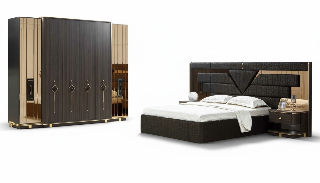 Stylish bedroom set bed 2x bedside tables wardrobe bedside table 4 pcs