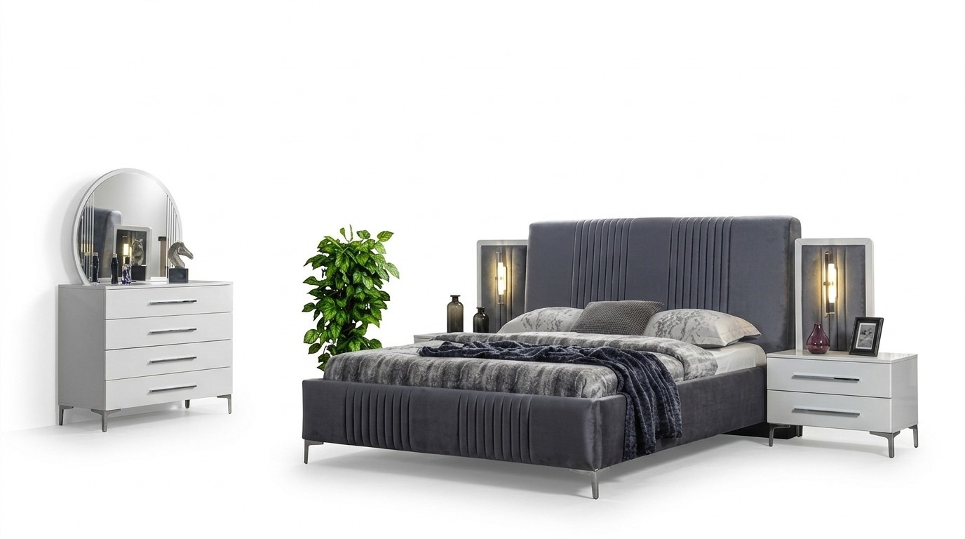 Stylish bedroom set gray double bed wooden bedside tables 5 pieces