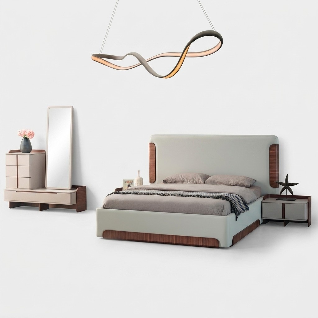 Stylish beige bedroom furniture upholstered double bed dressing table 5 pieces
