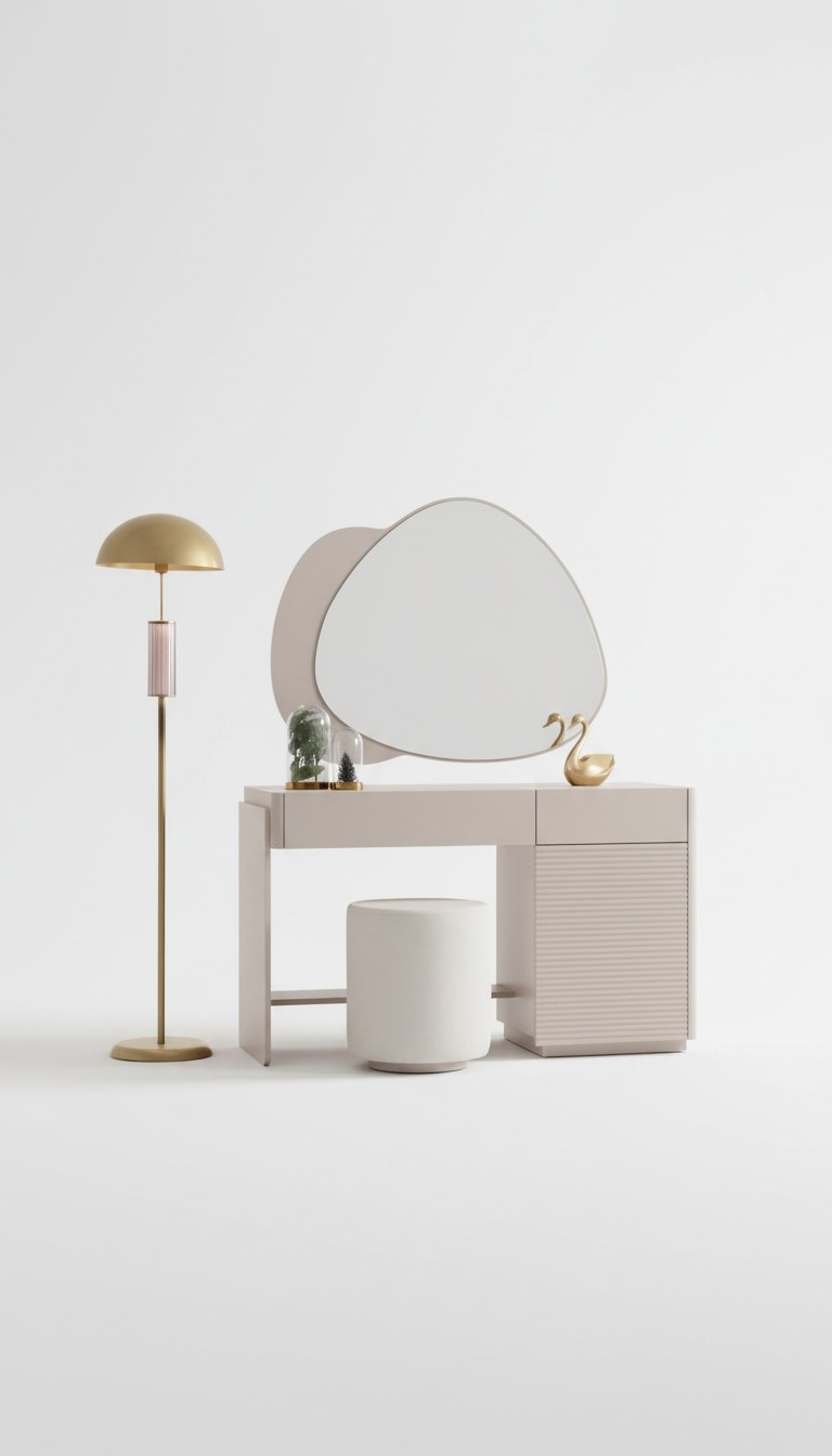Stylish beige dressing table. Luxurious cosmetic table. Noble wooden furniture