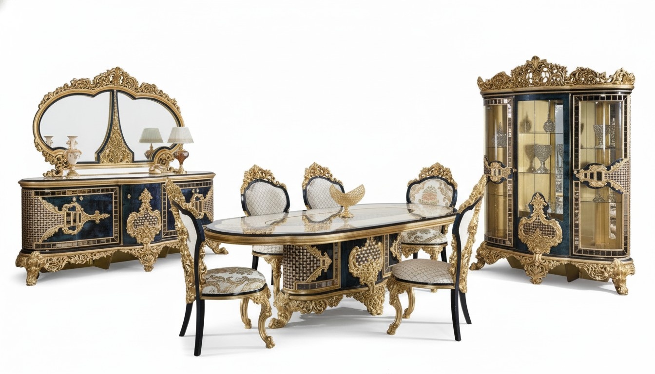 Stylish Black-Gold Dining Room Set Luxury Suite Sideboard Dining Table