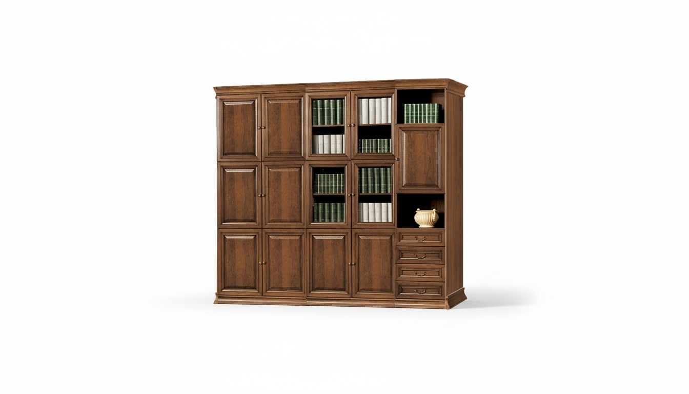 Stylish brown office cabinet solid wood glass doors study shelves