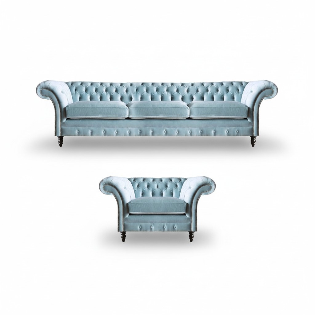 Stylish Chesterfield Blue Seating Set Elegant Furniture Three Seater Armchair