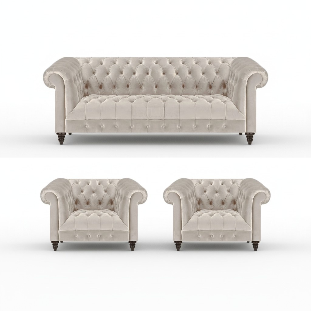 Stylish Chesterfield sofa set Modern textile sofa 2x armchairs