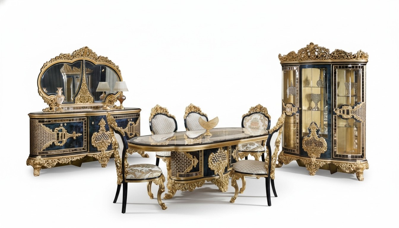 Stylish classic dining room set dining table sideboard mirror chairs