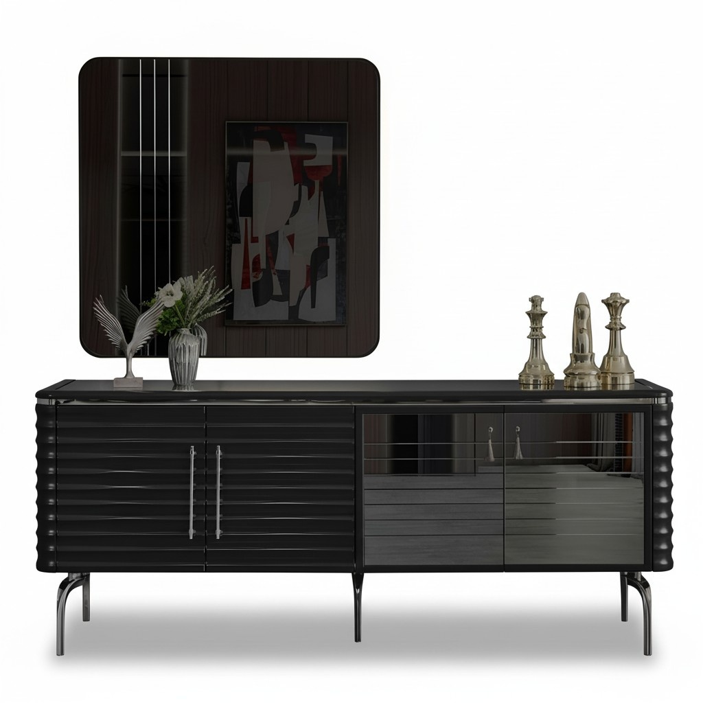 Stylish dining room set luxury black sideboard mirror wooden furniture