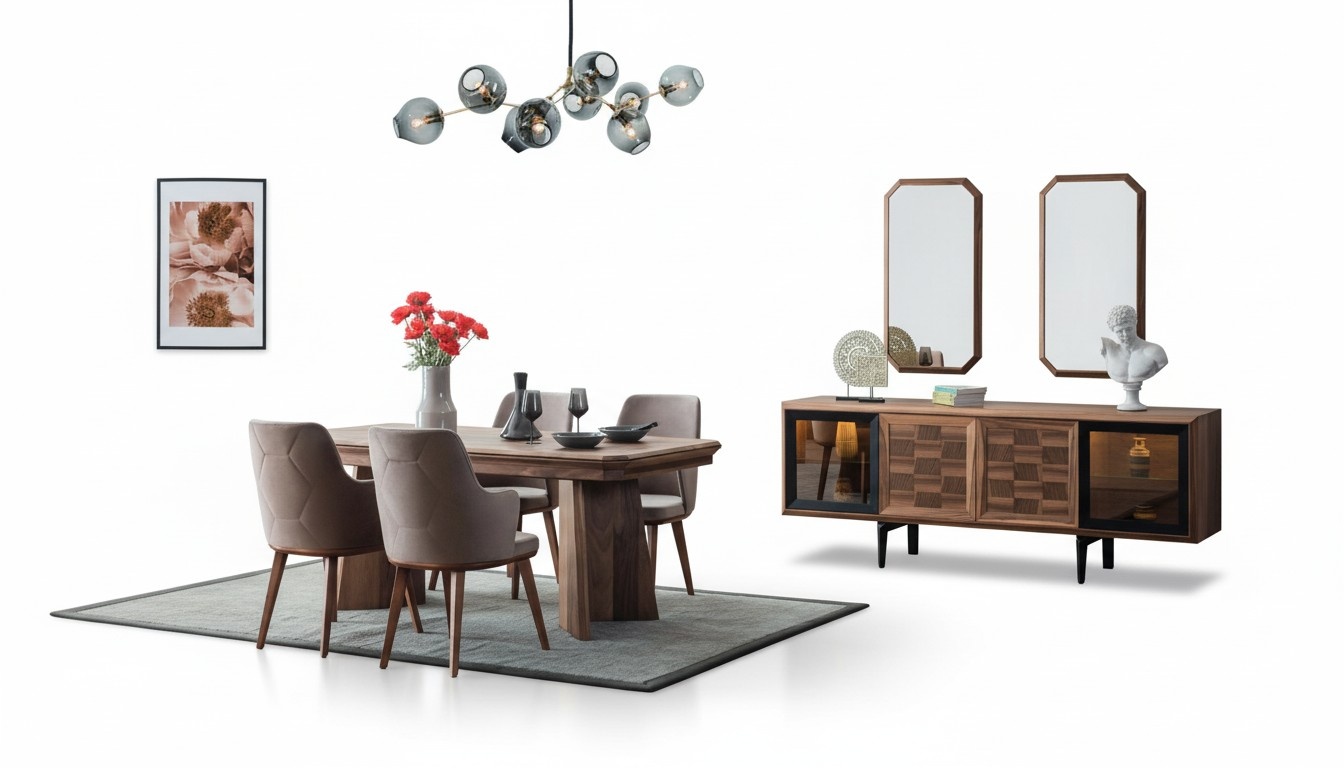 Stylish dining group exclusive wooden table designer sideboard chairs 10-piece set