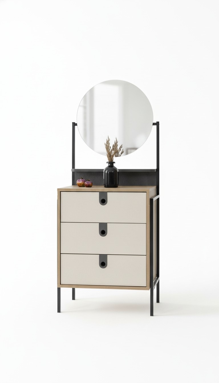 Stylish dresser with mirror and three drawers in wood look and cream.