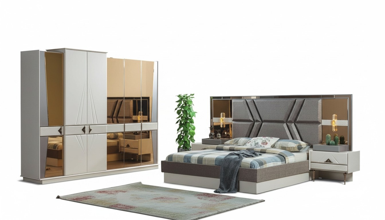 Stylish grey bedroom set 2x bedside tables wardrobe set