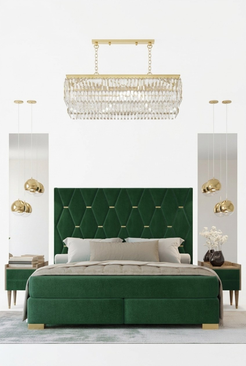 Stylish green bedroom double bed Bed frame wood bedside tables