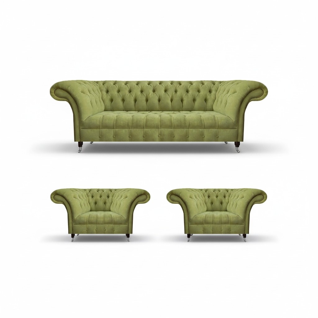 Stylish Green Chesterfield Suite Elegant 3-Seater 2x Fabric Armchairs 3-piece set