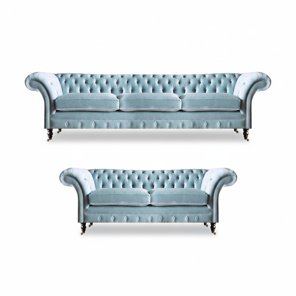 Stylish Light Blue Chesterfield Designer Sofa Set Three-Seater Two-Seater