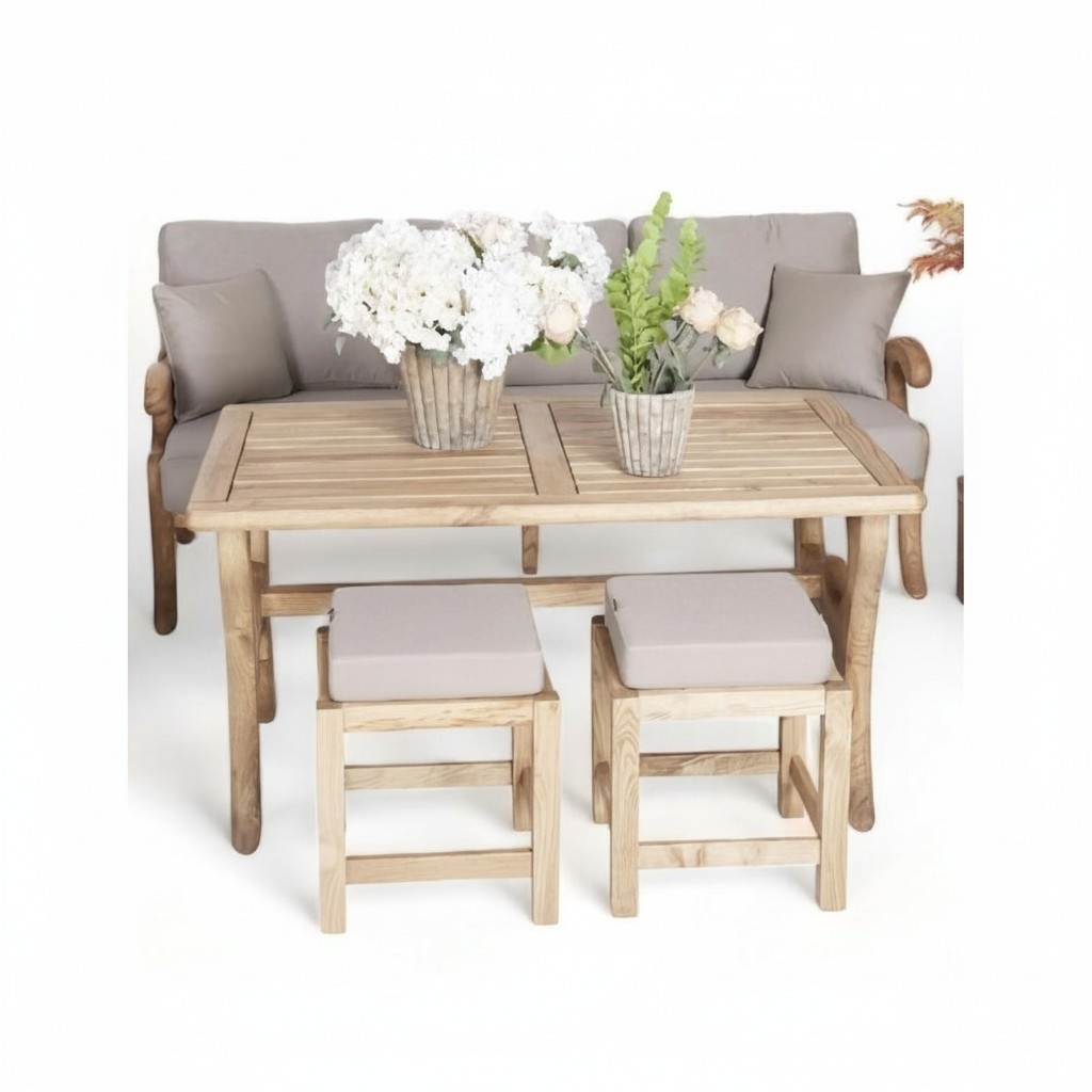 Stylish garden furniture set sofa 3-seater seating groups 2x stools wooden dining table